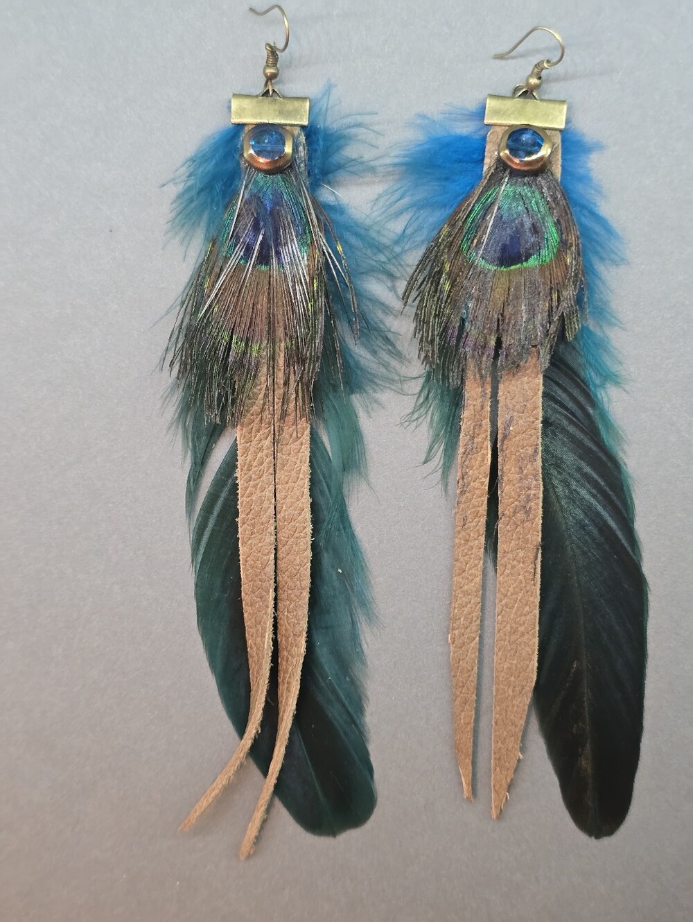 New! Boho Peacock Feather and Leather Drop Earrings Handcrafted Nativemade